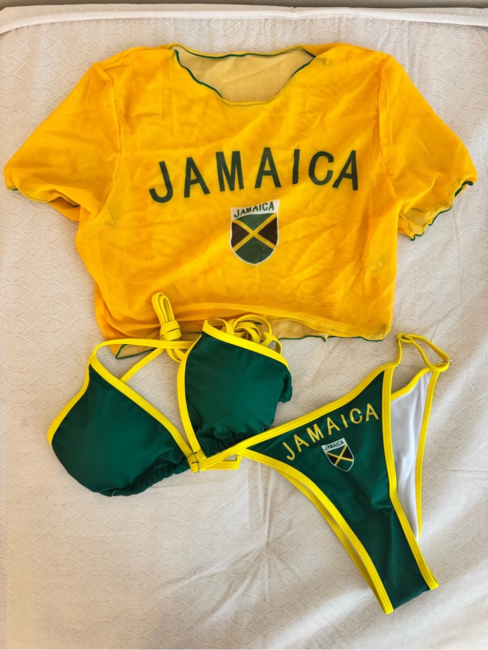 Jamaica Green & Yellow Bikini Set with Sheer Crop Top